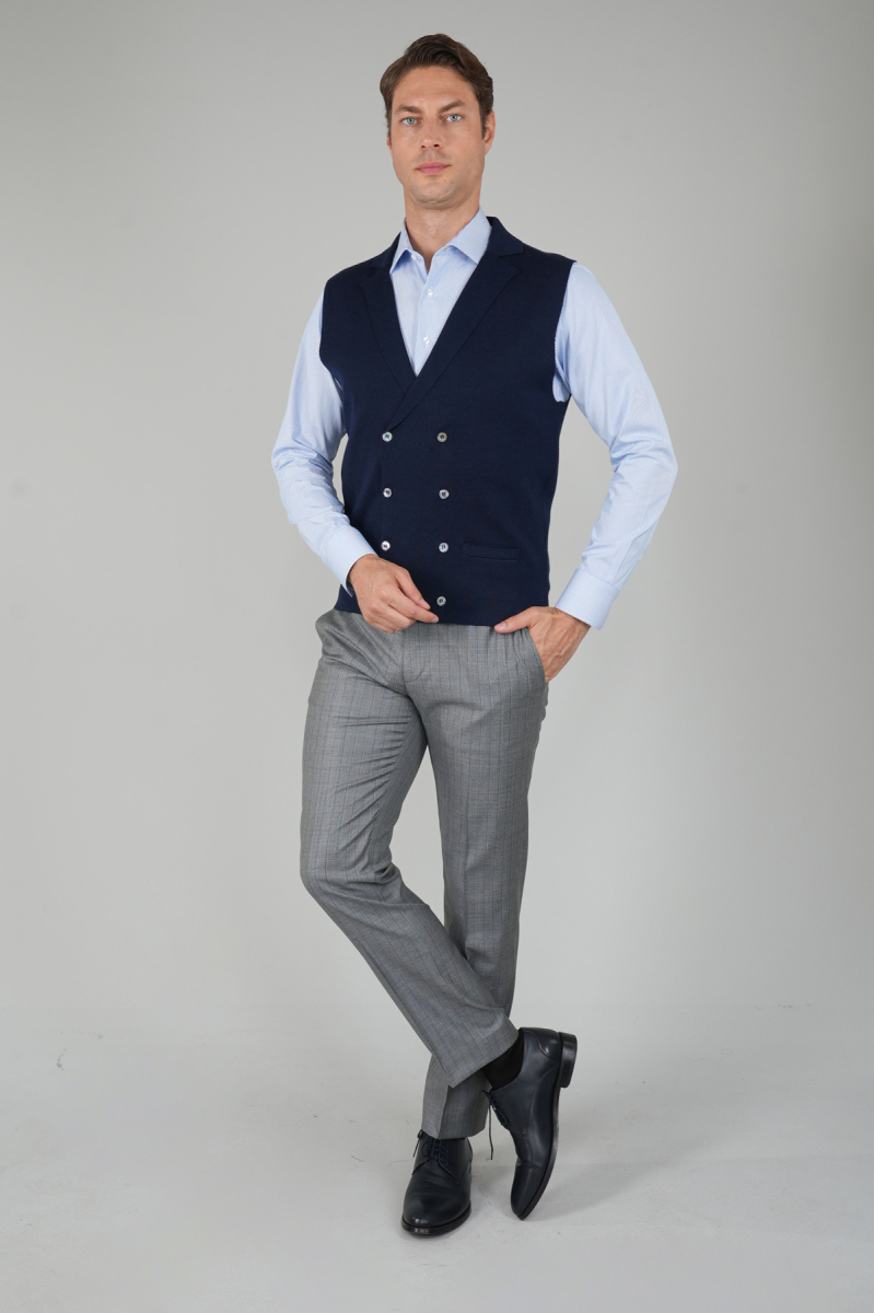 Lacivert Kruvaze Yün Erkek Yelek - 5