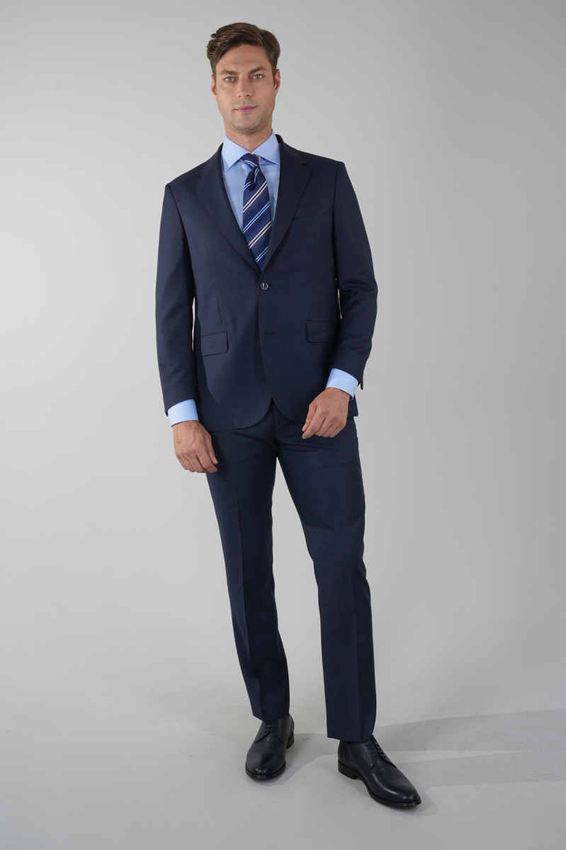 Lacivert Mono Yaka Çift Yırtmaçlı 4 Drop Yün Takım Elbise - 5