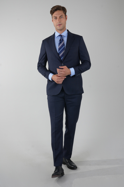 Lacivert Mono Yaka Çift Yırtmaçlı 4 Drop Yün Takım Elbise - 1