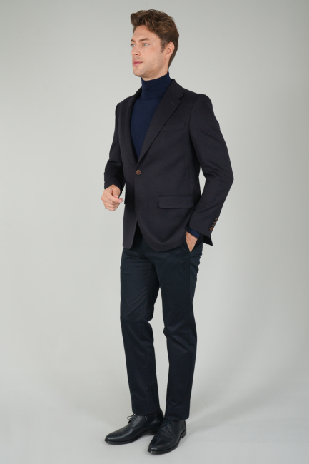 Comfort Fit Lacivert Mono Yaka Çift Yırtmaçlı 6 Drop Yün Erkek Ceket - 6
