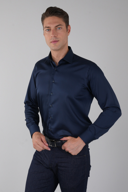 Lacivert Uzun Kol Klasik Yaka Cepsiz Saten Erkek Gömlek   