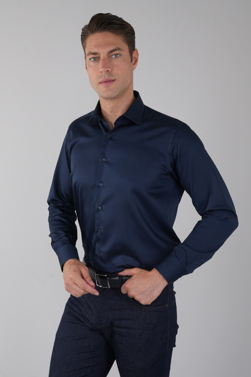 Lacivert Uzun Kol Klasik Yaka Cepsiz Saten Erkek Gömlek  