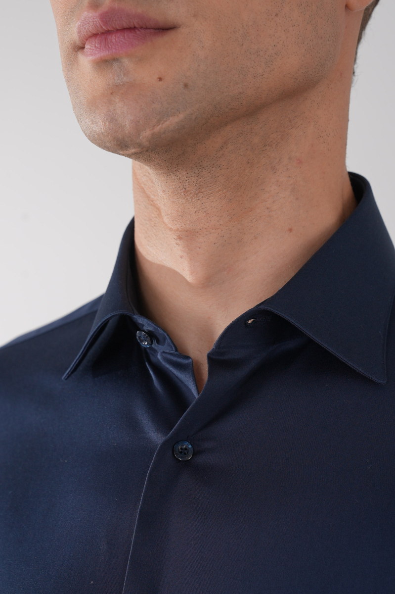 Lacivert Uzun Kol Klasik Yaka Cepsiz Saten Erkek Gömlek   - 3