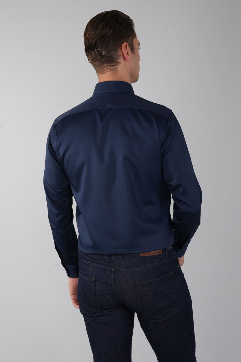 Lacivert Uzun Kol Klasik Yaka Cepsiz Saten Erkek Gömlek   (1)