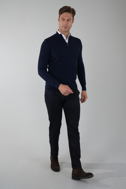 Lacivert Yarım Balıkçı Fermuarlı Full Jakar Yün Erkek Triko - 5