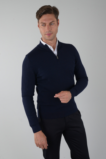 Lacivert Yarım Balıkçı Fermuarlı Full Jakar Yün Erkek Triko 