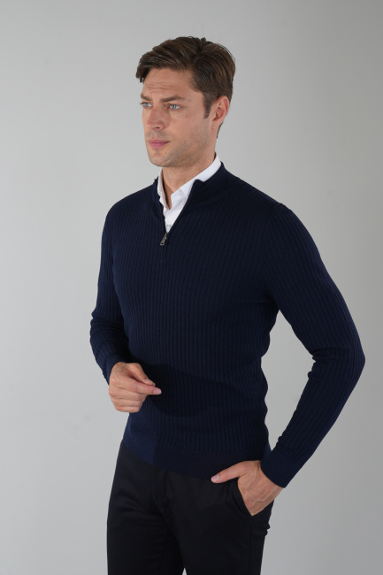 Lacivert Yarım Balıkçı Fermuarlı Full Jakar Yün Erkek Triko - 4