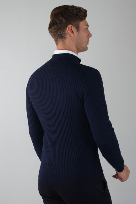 Lacivert Yarım Balıkçı Fermuarlı Full Jakar Yün Erkek Triko - 2