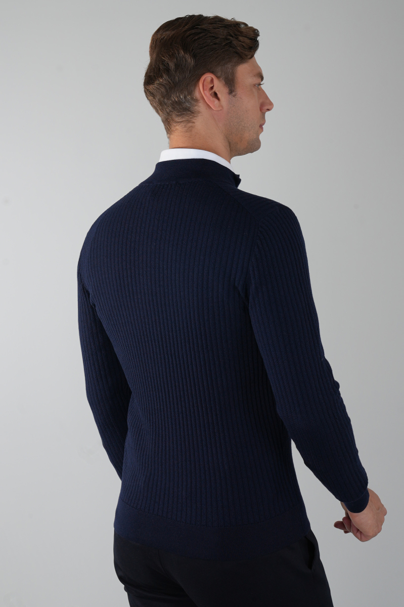 Lacivert Yarım Balıkçı Fermuarlı Full Jakar Yün Erkek Triko (1)