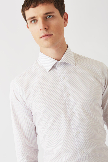 Lila Pamuk Çizgili Klasik Erkek Gömlek - 4