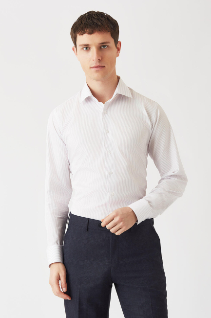 Lila Pamuk Çizgili Klasik Erkek Gömlek - 1