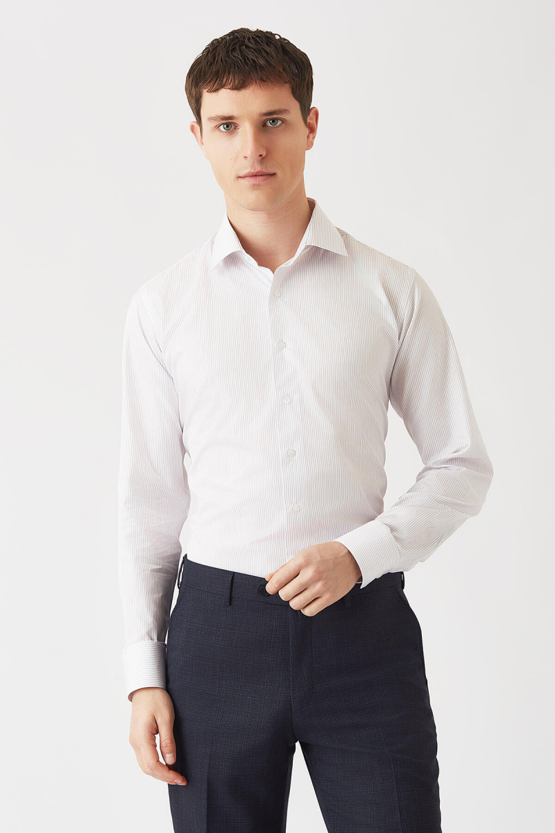 Lila Pamuk Çizgili Klasik Erkek Gömlek