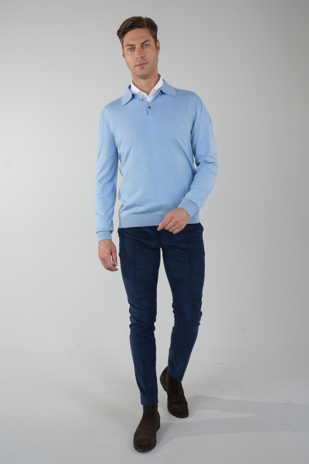 Mavi Düğmeli Polo Yaka Erkek Yün Triko - 5