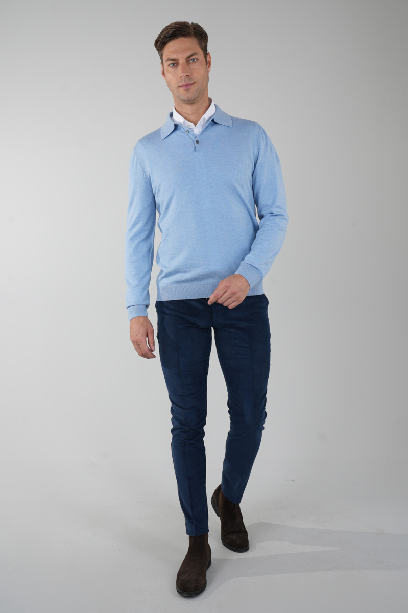 Mavi Düğmeli Polo Yaka Erkek Yün Triko - 5