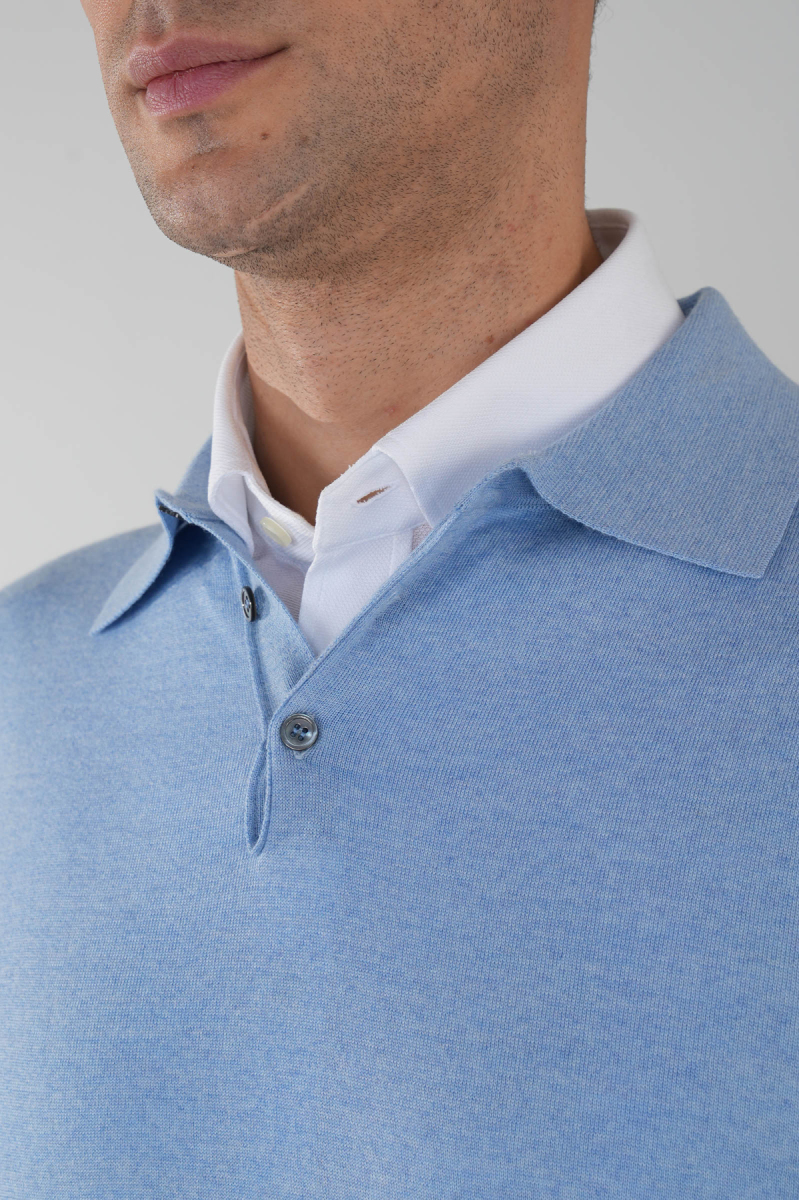 Mavi Düğmeli Polo Yaka Erkek Yün Triko - 3