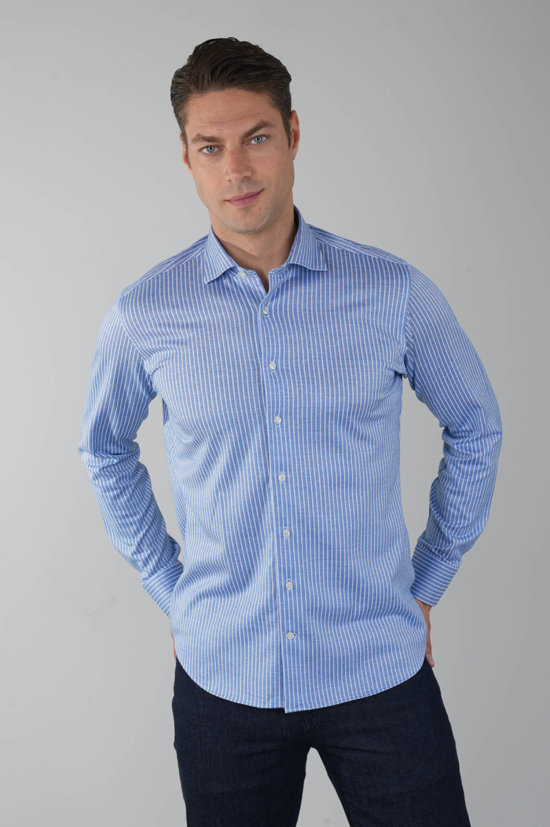 Mavi Uzun Kol İtalyan Yaka Cepsiz Erkek Gömlek  