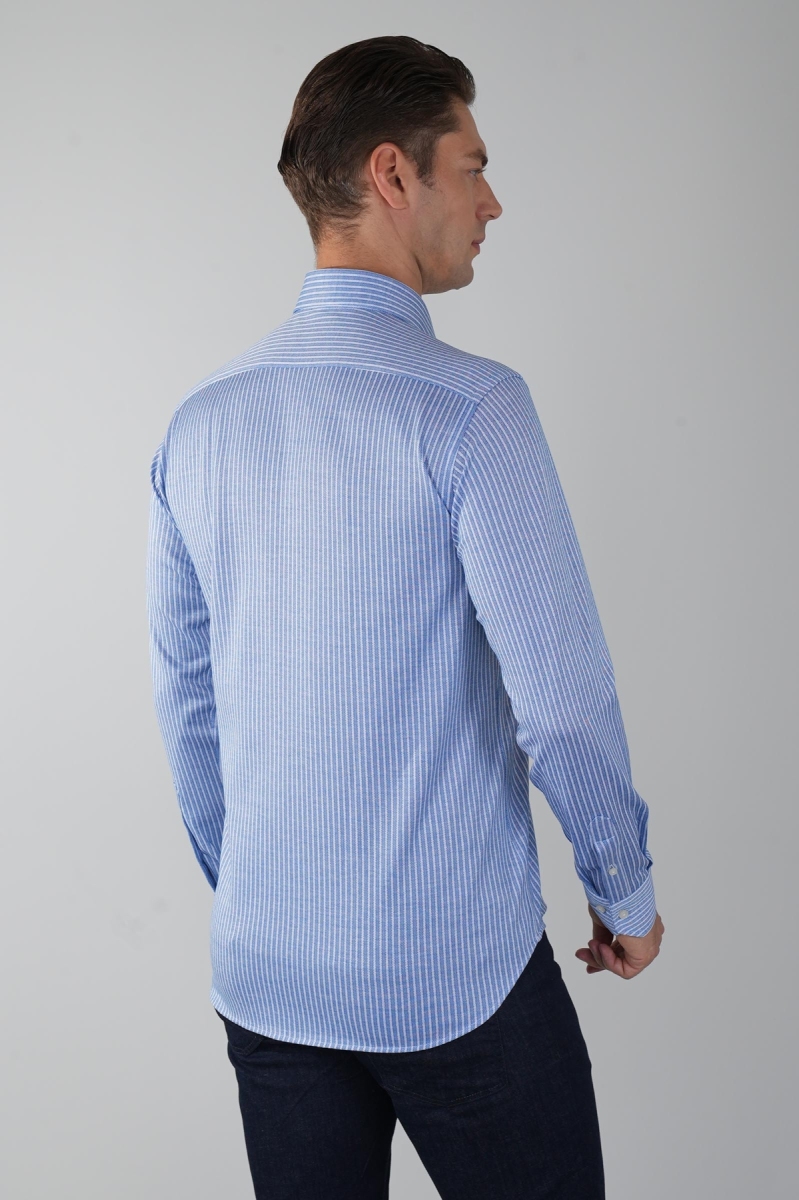 Mavi Uzun Kol İtalyan Yaka Cepsiz Erkek Gömlek   (1)