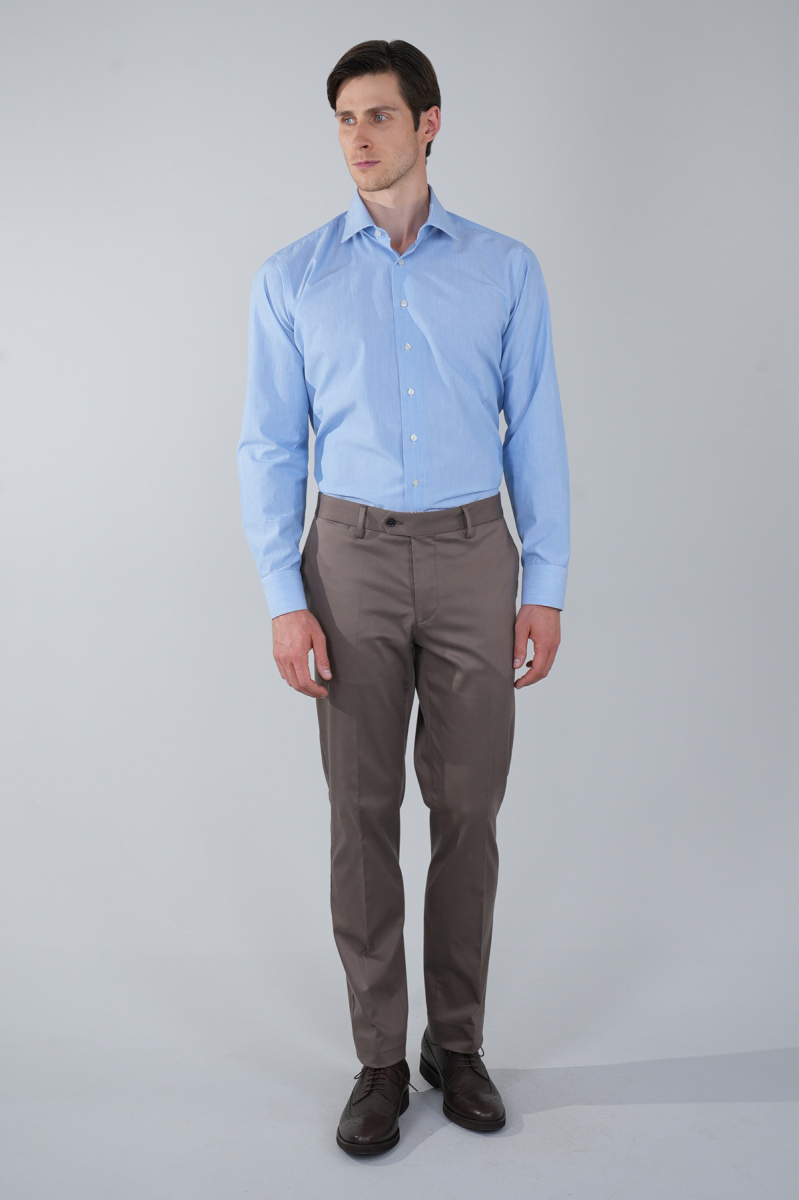 Mavi Uzun Kol Klasik A Yaka Cepsiz Erkek Gömlek   - 5