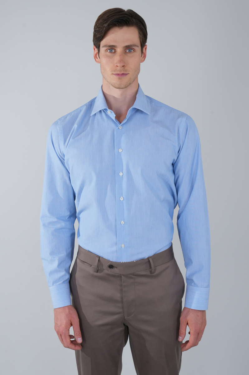 Mavi Uzun Kol Klasik A Yaka Cepsiz Erkek Gömlek  