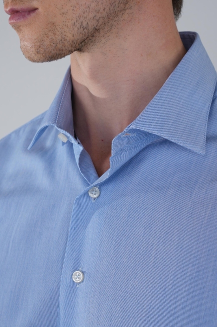 Mavi Uzun Kol Klasik A Yaka Cepsiz Erkek Gömlek   - 3