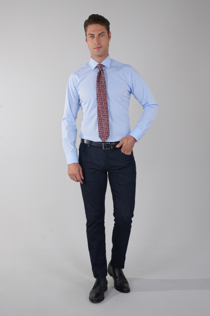 Mavi Uzun Kol Klasik  Yaka Cepsiz Basic Erkek Gömlek   - 5