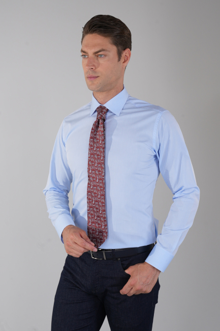 Mavi Uzun Kol Klasik  Yaka Cepsiz Basic Erkek Gömlek   - 1