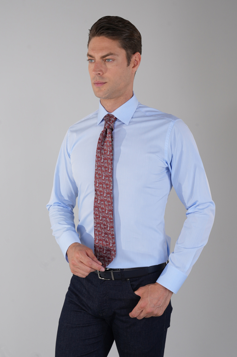 Mavi Uzun Kol Klasik  Yaka Cepsiz Basic Erkek Gömlek  