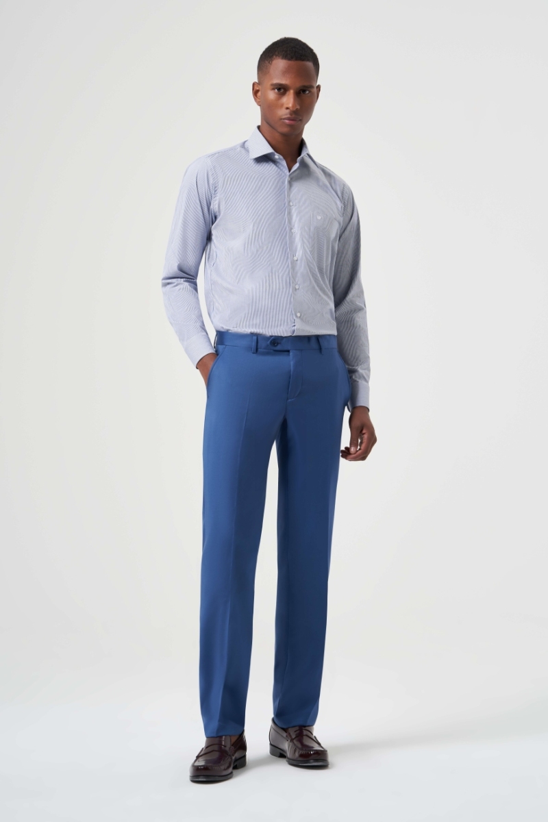 Mavi Yün Dokuma Klasik Erkek Pantolon - 5