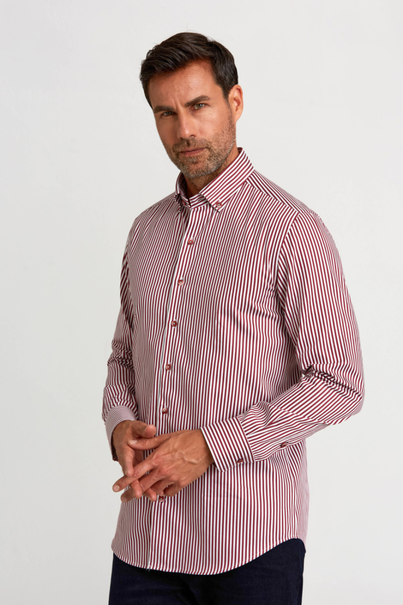 Modern Fit Düğmeli Yaka Bordo Saten Erkek Gömlek - 5