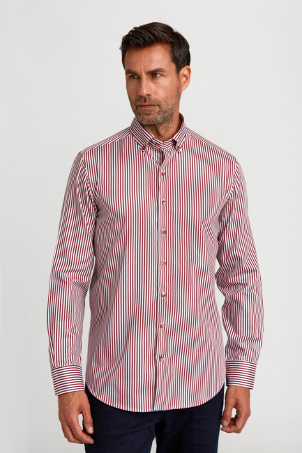 Modern Fit Düğmeli Yaka Bordo Saten Erkek Gömlek 