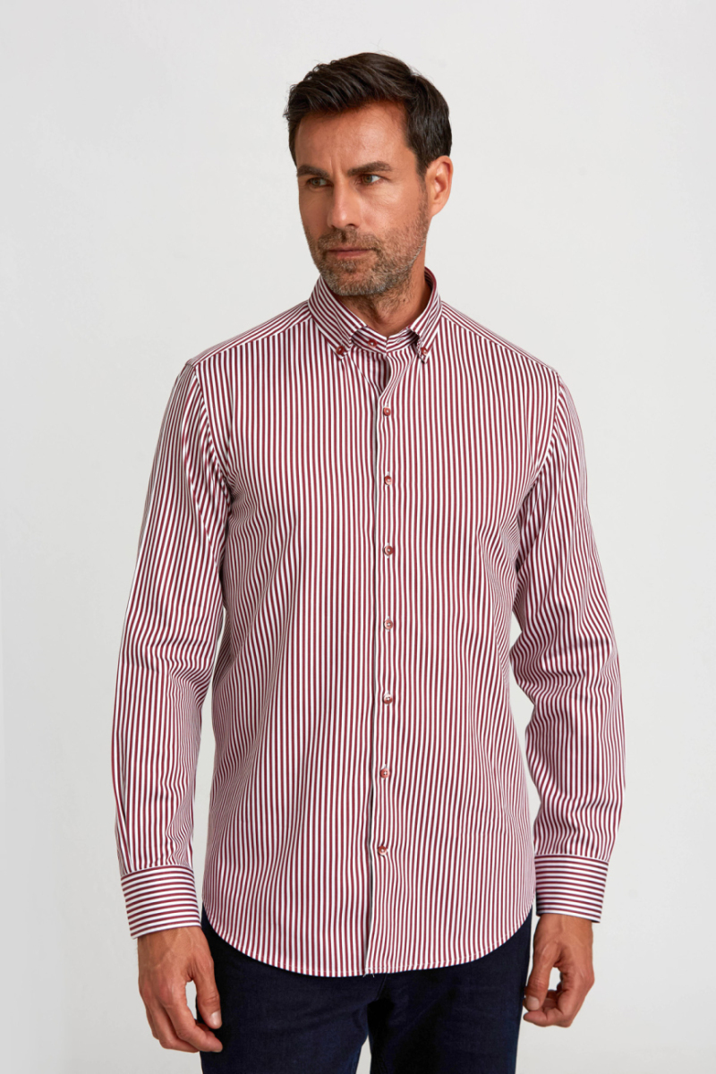 Modern Fit Düğmeli Yaka Bordo Saten Erkek Gömlek