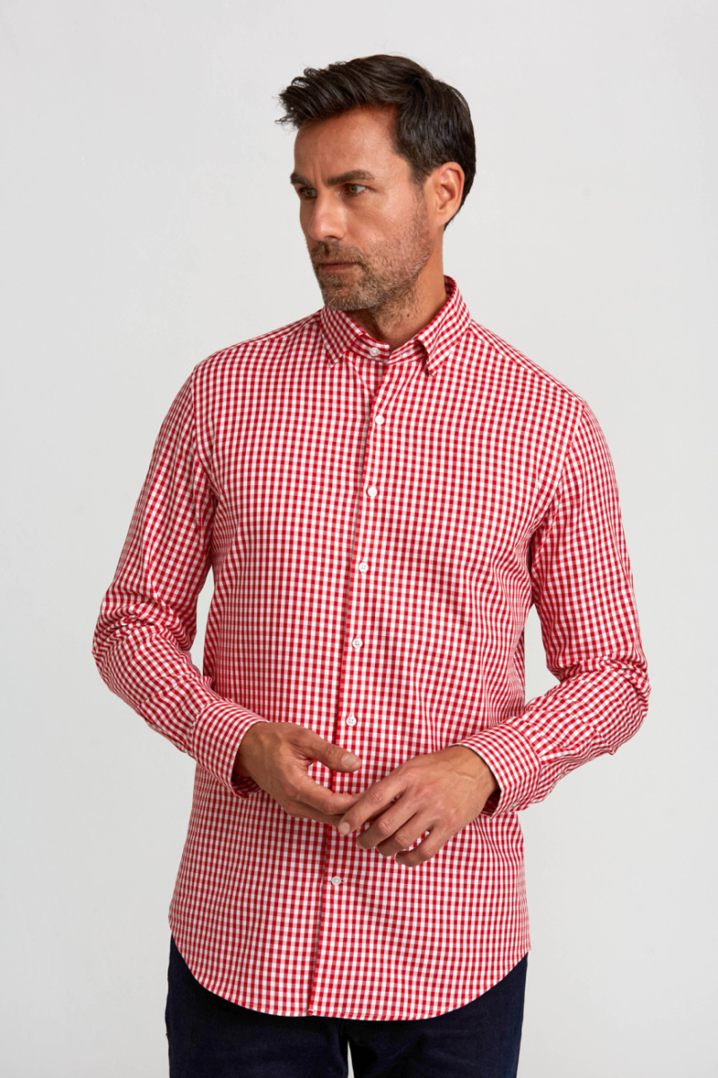 Modern Fit Gizli Düğme Yakalı Kırmızı Spor Erkek Gömlek