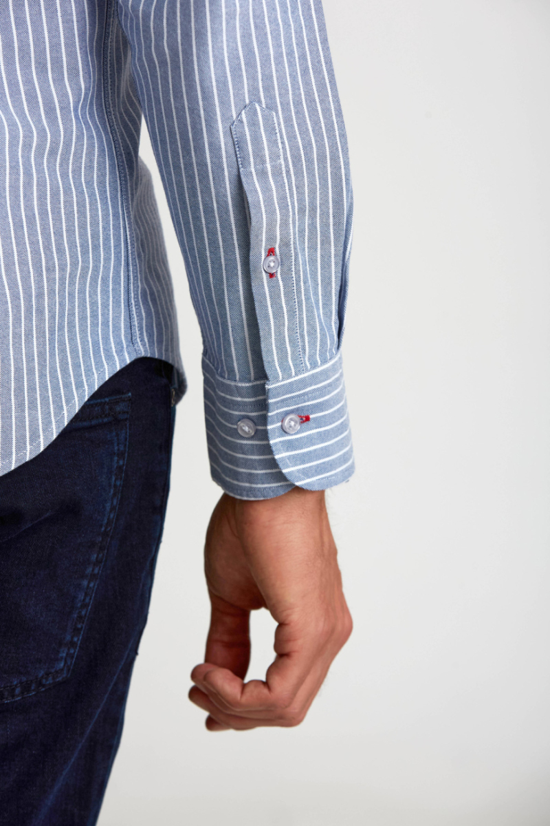 Modern Fit Paşa Yaka Çizgili Lacivert Spor Erkek Gömlek - 3