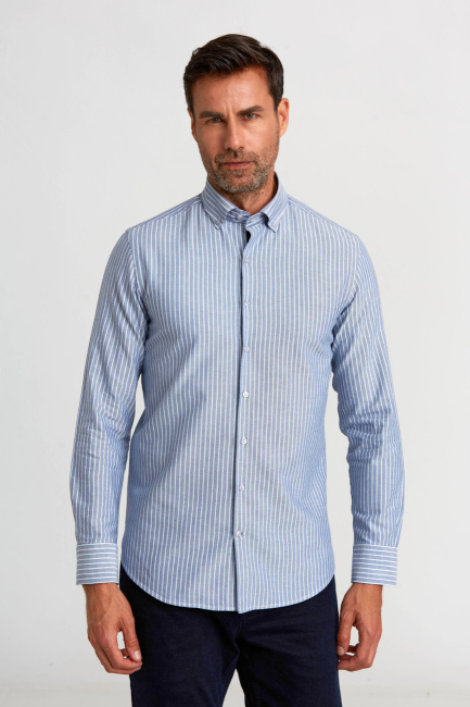 Modern Fit Pasha Collar Striped Navy Blue Men's Shirt