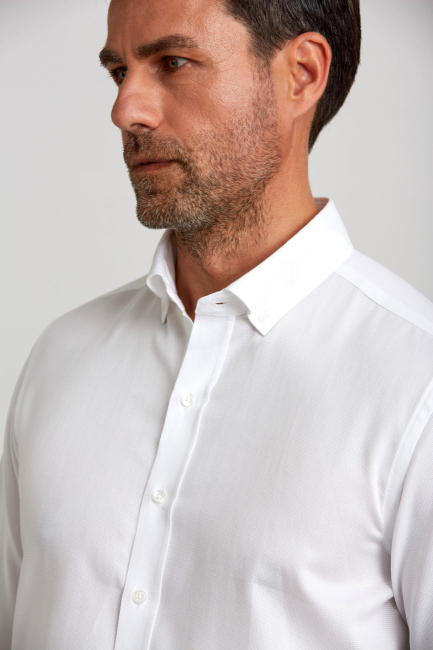 Modern Fit Paşa Yaka Düğmeli Beyaz Spor Erkek Gömlek - 5