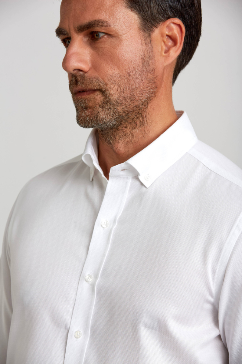 Modern Fit Paşa Yaka Düğmeli Beyaz Spor Erkek Gömlek - 5