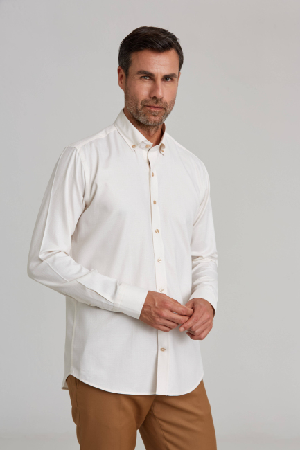 Modern Fit Paşa Yaka Düğmeli Ekru Spor Erkek Gömlek - 4