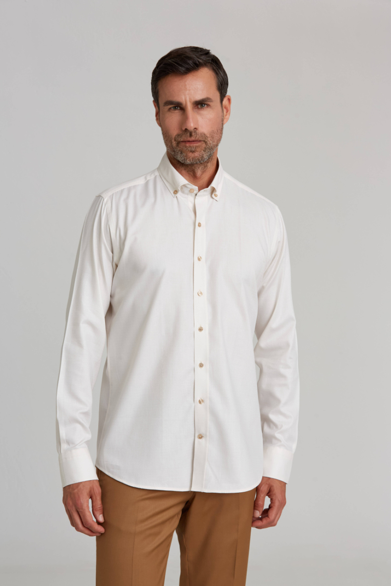 Modern Fit Paşa Yaka Düğmeli Ekru Spor Erkek Gömlek