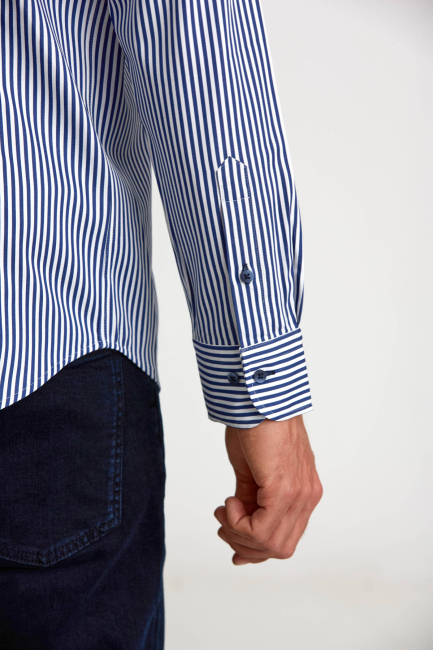 Modern Fit Paşa Yaka Düğmeli Lacivert Saten Erkek Gömlek - 3