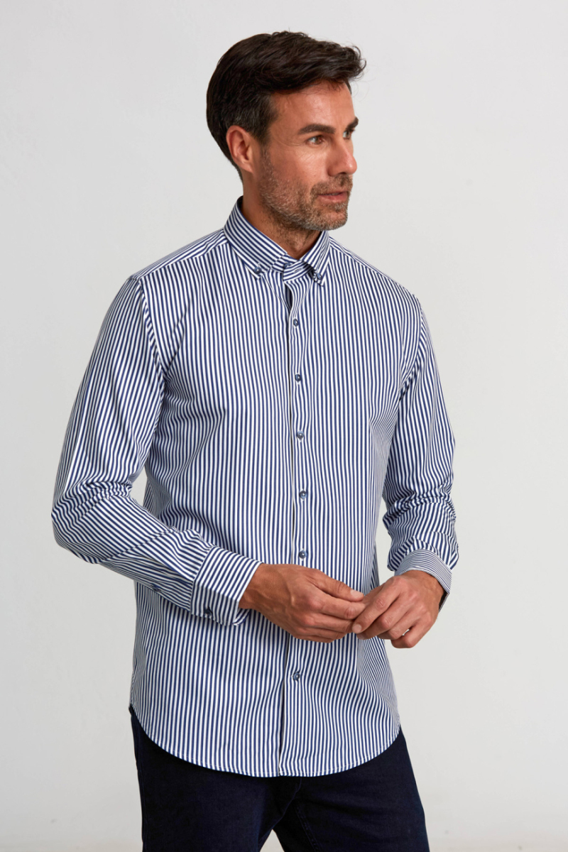 Modern Fit Paşa Yaka Düğmeli Lacivert Saten Erkek Gömlek - 5