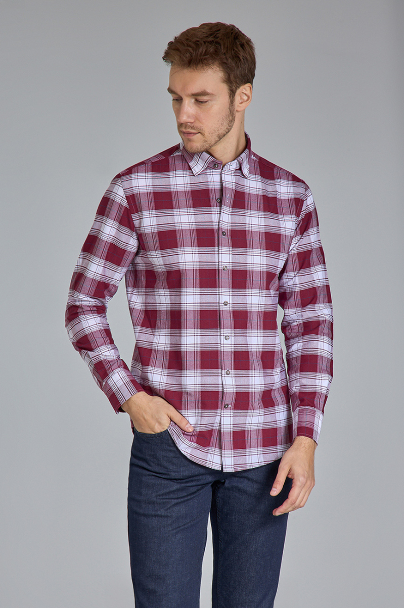 Modern Fit Paşa Yaka Ekose Bordo Spor Erkek Gömlek (1)