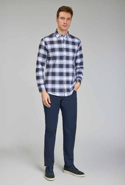 Modern Fit Paşa Yaka Ekose Lacivert Spor Erkek Gömlek - 2