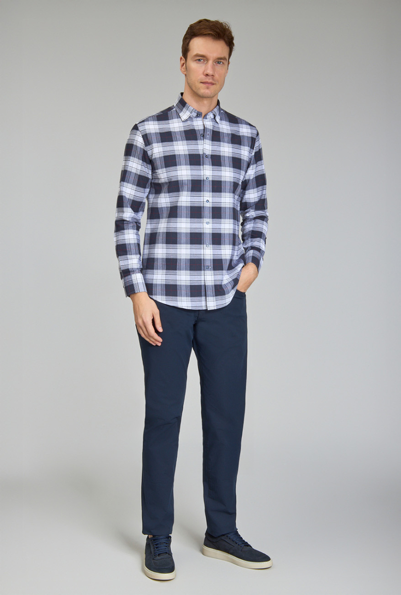 Modern Fit Paşa Yaka Ekose Lacivert Spor Erkek Gömlek (1)