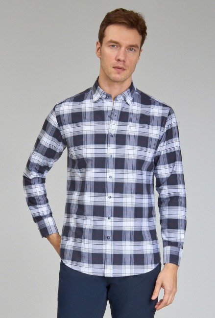 Modern Fit Paşa Yaka Ekose Lacivert Spor Erkek Gömlek 