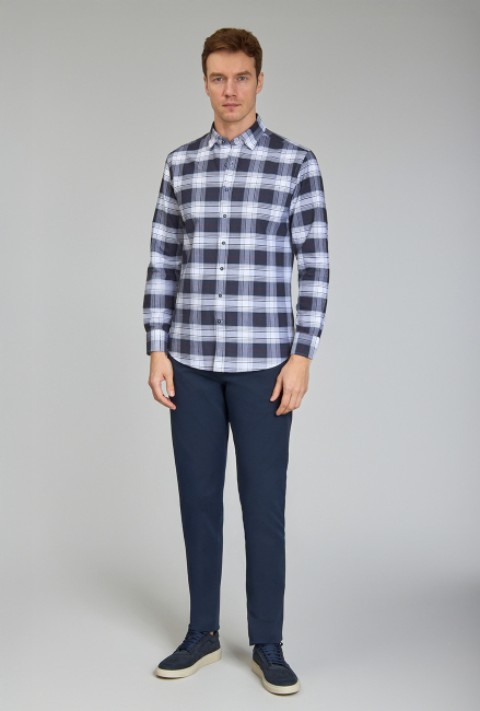 Modern Fit Paşa Yaka Ekose Lacivert Spor Erkek Gömlek - 3