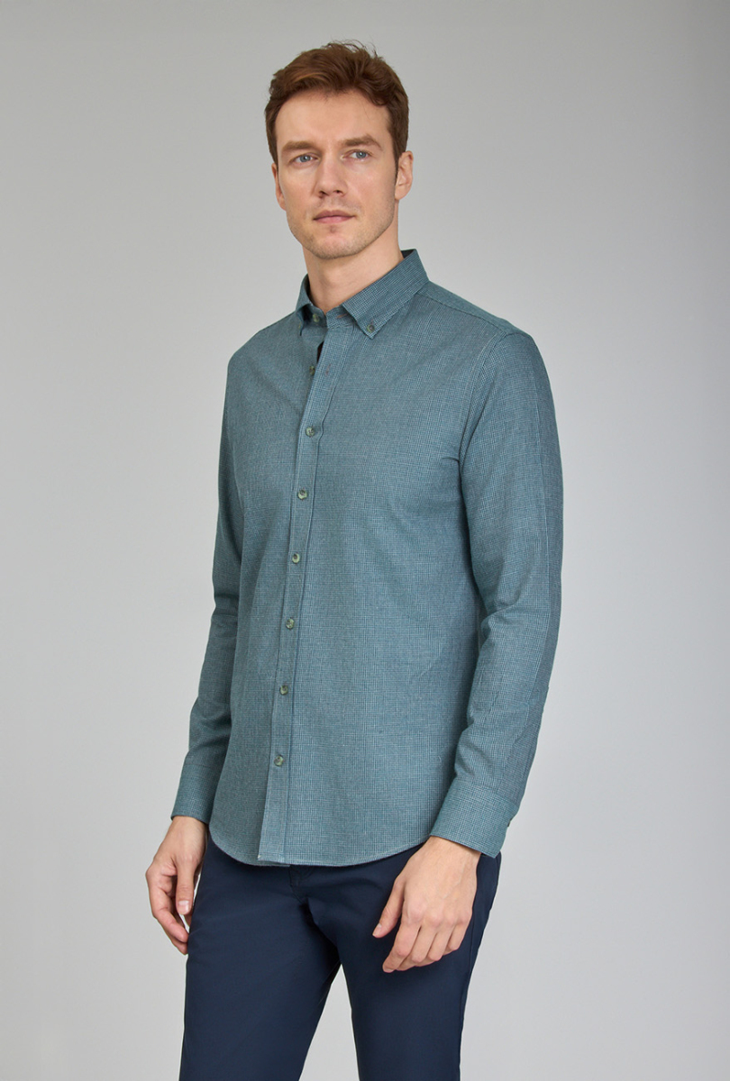 Modern Fit Paşa Yaka Yeşil Spor Erkek Gömlek - 3