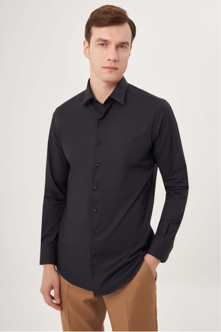 Modern Fit Siyah Basic Klasik Erkek Gömlek 
