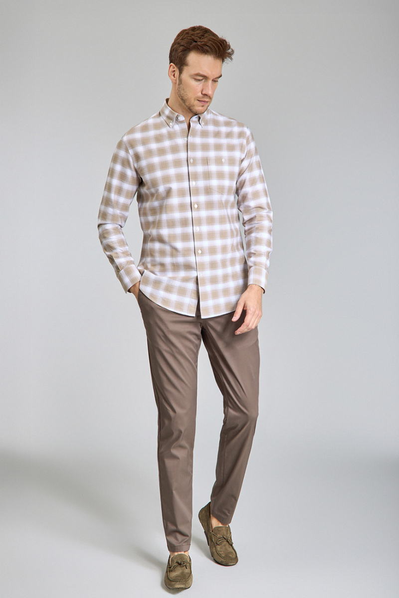 Modern Fit Yarım İtalyan Düğmeli Yaka Bej Spor Erkek Gömlek (1)