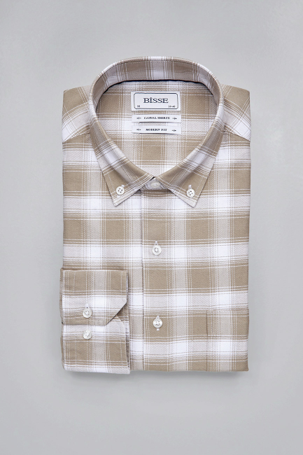 Modern Fit Yarım İtalyan Düğmeli Yaka Bej Spor Erkek Gömlek - 3