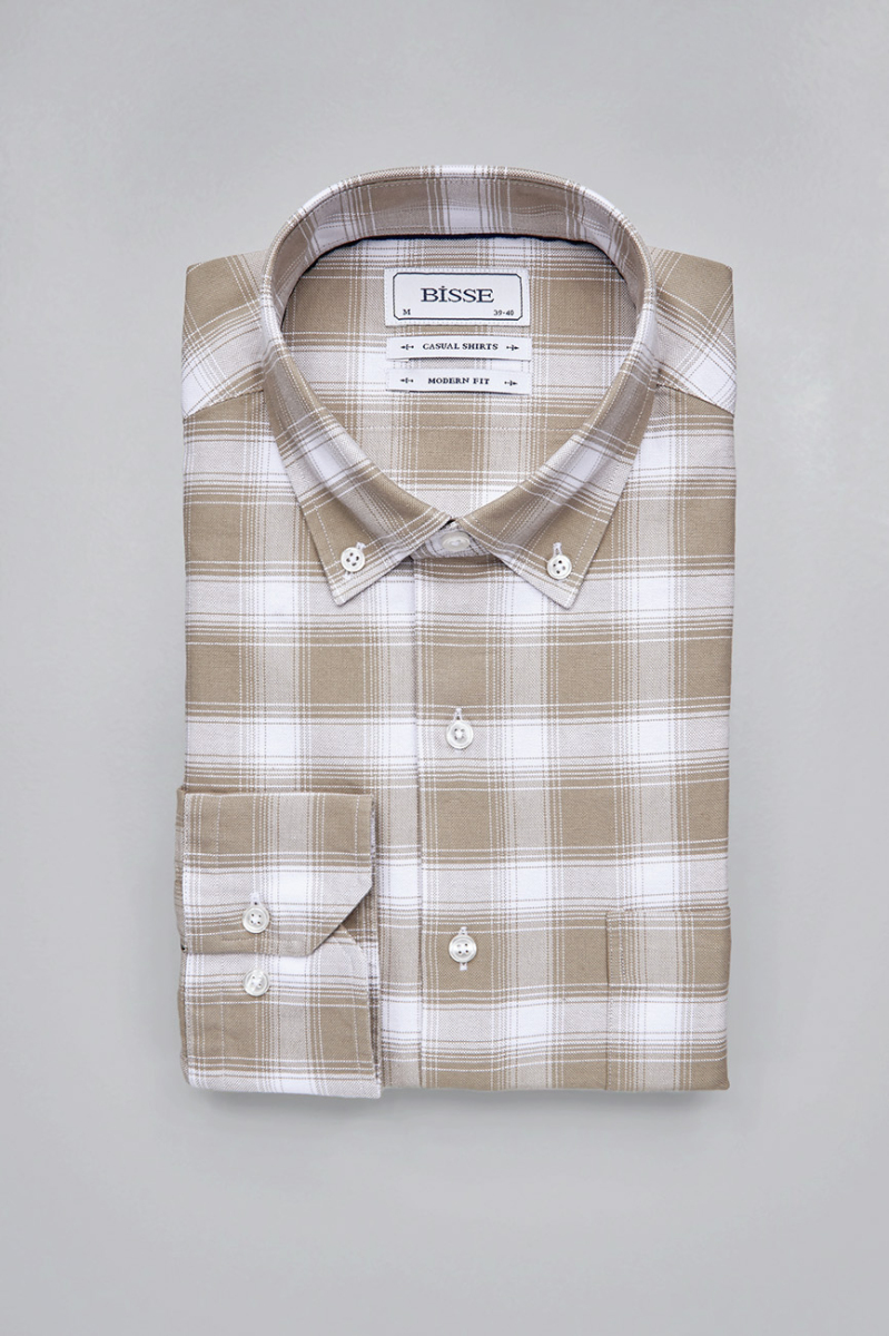 Modern Fit Yarım İtalyan Düğmeli Yaka Bej Spor Erkek Gömlek - 3